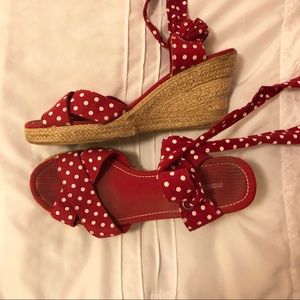 Red Polka Dot Tie Espadrille Wedges
